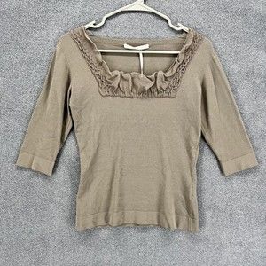 D. Exterior Top blouse womens size M Brown stretch 3/4 Sleeve square ruffle neck